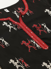 Women Black Calf Length Three-Quarter Sleeves Straight Quirky Printed Cotton Kurta