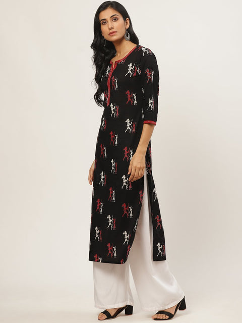 Women Black Calf Length Three-Quarter Sleeves Straight Quirky Printed Cotton Kurta