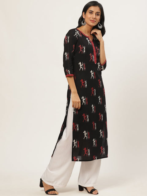 Women Black Calf Length Three-Quarter Sleeves Straight Quirky Printed Cotton Kurta