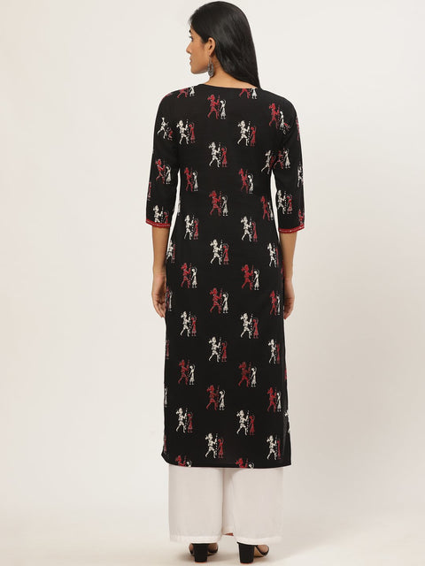 Women Black Calf Length Three-Quarter Sleeves Straight Quirky Printed Cotton Kurta