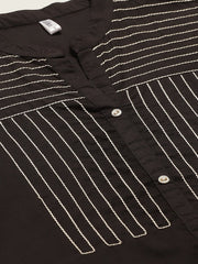 Women Black Calf Length Three-Quarter Sleeves Straight Solid Yoke Design Cotton Kurta