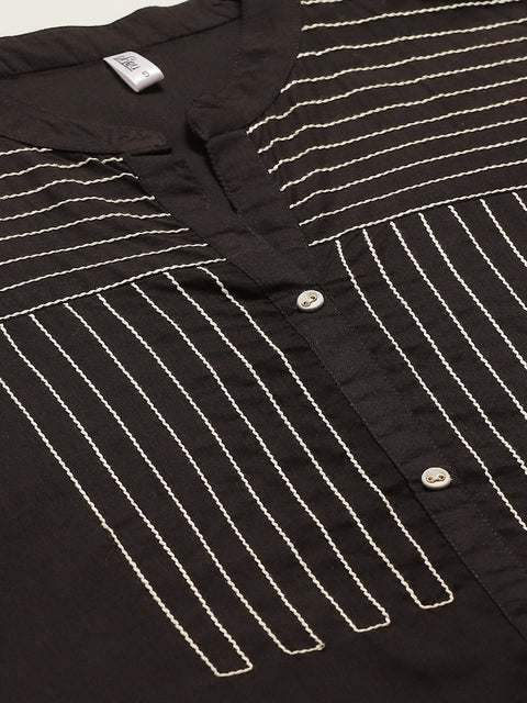 Women Black Calf Length Three-Quarter Sleeves Straight Solid Yoke Design Cotton Kurta