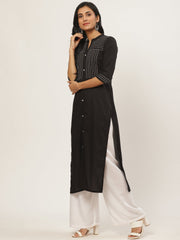 Women Black Calf Length Three-Quarter Sleeves Straight Solid Yoke Design Cotton Kurta
