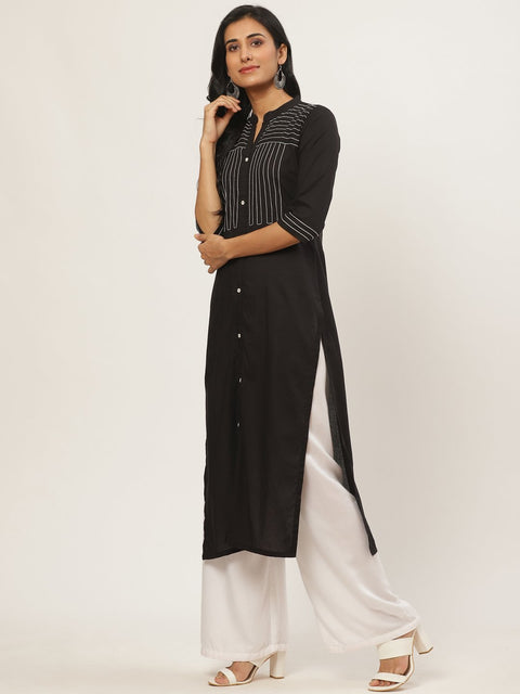 Women Black Calf Length Three-Quarter Sleeves Straight Solid Yoke Design Cotton Kurta