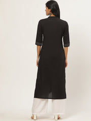 Women Black Calf Length Three-Quarter Sleeves Straight Solid Yoke Design Cotton Kurta