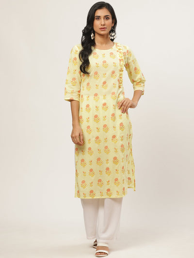 Women Yellow Calf Length Three-Quarter Sleeves Straight Floral Yoke Design Cotton Kurta