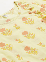 Women Yellow Calf Length Three-Quarter Sleeves Straight Floral Yoke Design Cotton Kurta