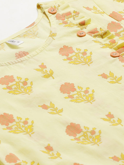Women Yellow Calf Length Three-Quarter Sleeves Straight Floral Yoke Design Cotton Kurta