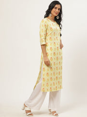 Women Yellow Calf Length Three-Quarter Sleeves Straight Floral Yoke Design Cotton Kurta