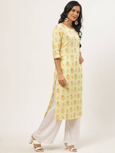 Women Yellow Calf Length Three-Quarter Sleeves Straight Floral Yoke Design Cotton Kurta