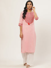 Women Pink Calf Length Three-Quarter Sleeves Straight Solid Yoke Design Cotton Kurta