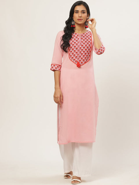 Women Pink Calf Length Three-Quarter Sleeves Straight Solid Yoke Design Cotton Kurta
