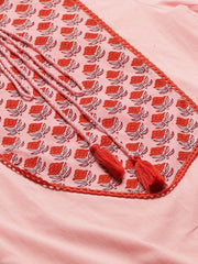 Women Pink Calf Length Three-Quarter Sleeves Straight Solid Yoke Design Cotton Kurta