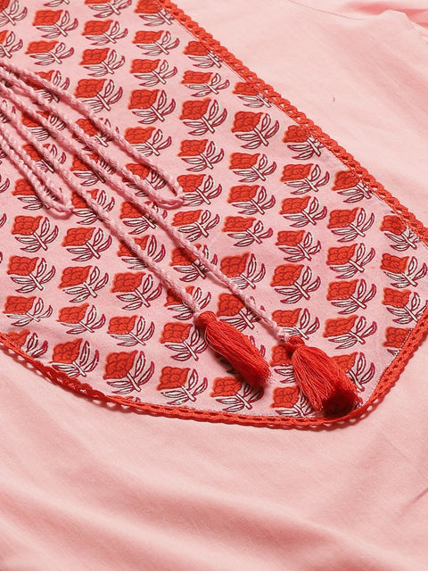 Women Pink Calf Length Three-Quarter Sleeves Straight Solid Yoke Design Cotton Kurta