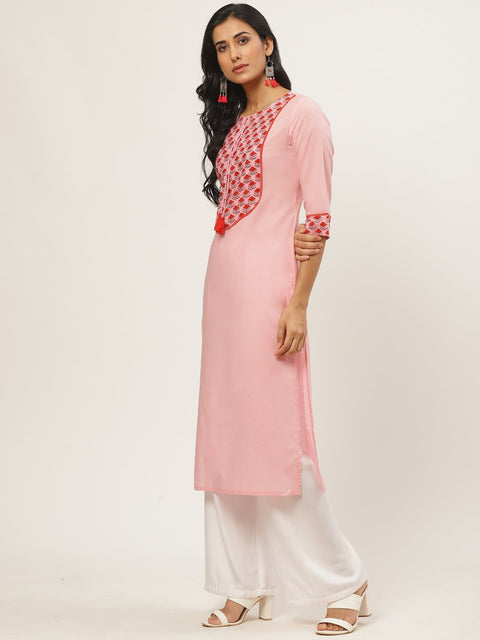 Women Pink Calf Length Three-Quarter Sleeves Straight Solid Yoke Design Cotton Kurta