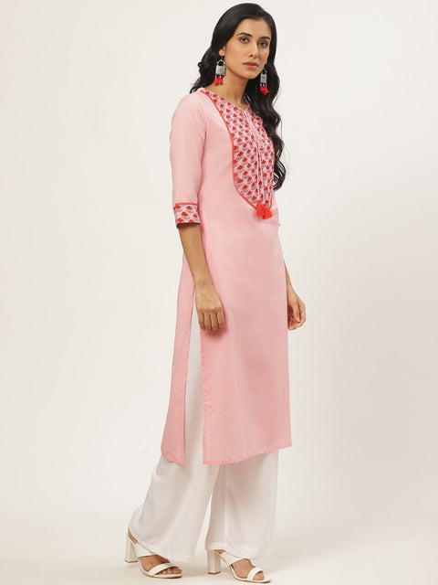 Women Pink Calf Length Three-Quarter Sleeves Straight Solid Yoke Design Cotton Kurta