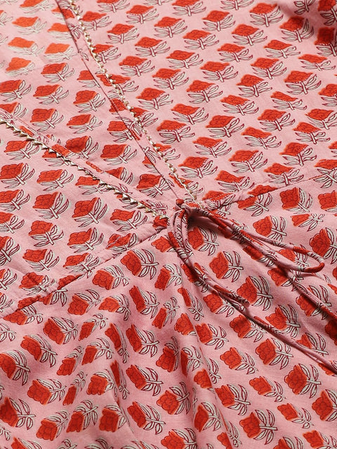 Women Pink Floral Printed Square Neck Cotton Fit and Flare Dress