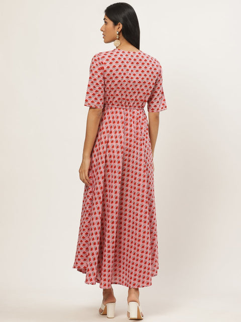 Women Pink Floral Printed Square Neck Cotton Fit and Flare Dress