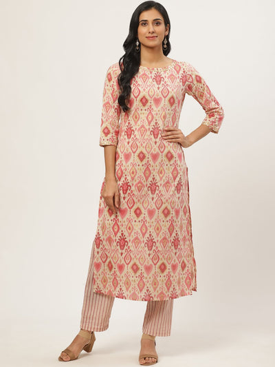 Women Beige Three-Quarter Sleeves Straight Kurta with Trouser