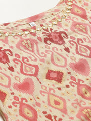 Women Beige Three-Quarter Sleeves Straight Kurta with Trouser