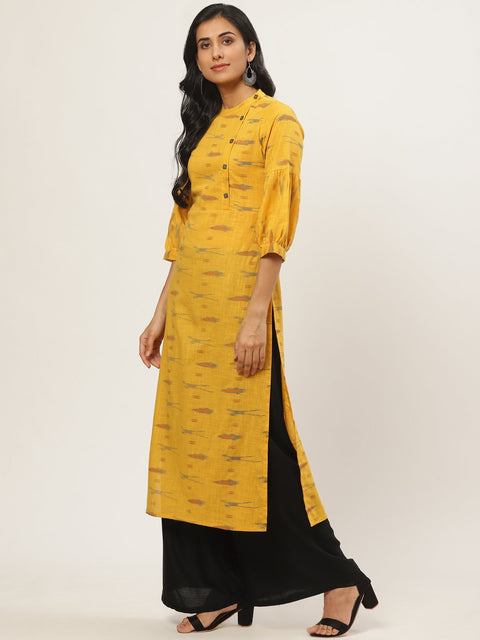Women Mustard Calf Length Three-Quarter Sleeves Straight Abstract Yoke Design Cotton Kurta