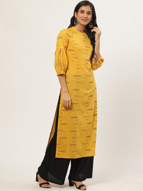 Women Mustard Calf Length Three-Quarter Sleeves Straight Abstract Yoke Design Cotton Kurta
