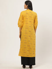 Women Mustard Calf Length Three-Quarter Sleeves Straight Abstract Yoke Design Cotton Kurta