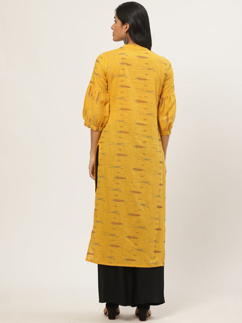 Women Mustard Calf Length Three-Quarter Sleeves Straight Abstract Yoke Design Cotton Kurta