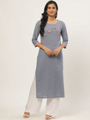 Women Grey Calf Length Three-Quarter Sleeves Straight Solid Yoke Design Cotton Kurta
