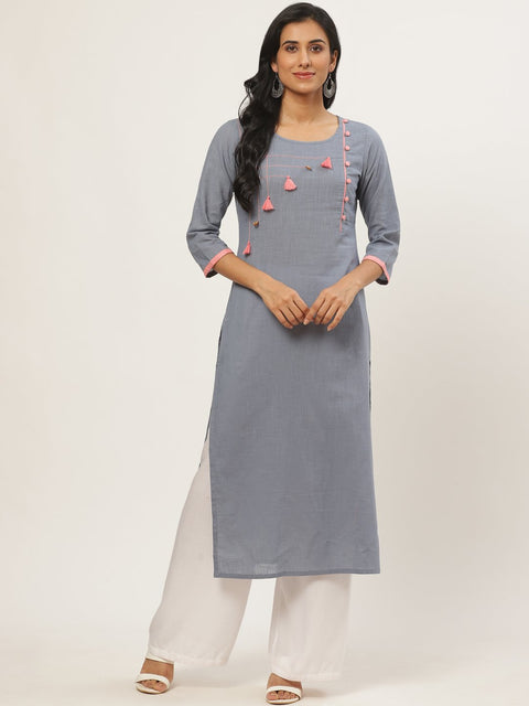 Women Grey Calf Length Three-Quarter Sleeves Straight Solid Yoke Design Cotton Kurta