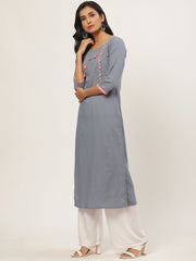 Women Grey Calf Length Three-Quarter Sleeves Straight Solid Yoke Design Cotton Kurta