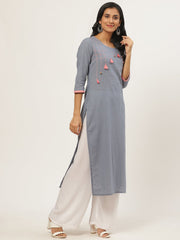 Women Grey Calf Length Three-Quarter Sleeves Straight Solid Yoke Design Cotton Kurta