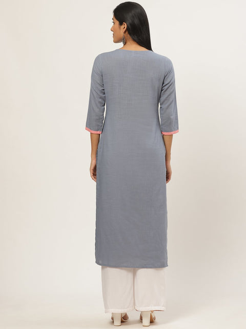 Women Grey Calf Length Three-Quarter Sleeves Straight Solid Yoke Design Cotton Kurta