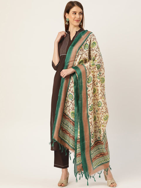 Women Brown Three-Quarter Sleeves Straight Kurta Trouser Dupatta set