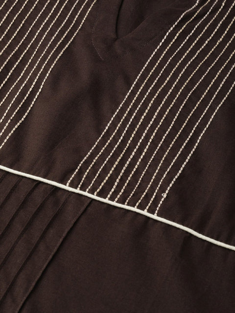 Women Brown Three-Quarter Sleeves Straight Kurta Trouser Dupatta set