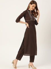 Women Brown Three-Quarter Sleeves Straight Kurta Trouser Dupatta set