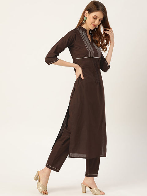 Women Brown Three-Quarter Sleeves Straight Kurta Trouser Dupatta set