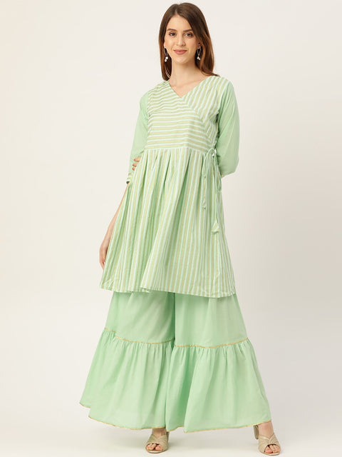 Women Green Three-Quarter Sleeves Flared Kurta and Sharara set