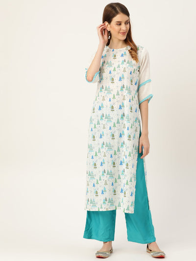 Women White Calf Length Three-Quarter Sleeves Straight Quirky Printed Cotton Kurta