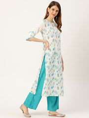 Women White Calf Length Three-Quarter Sleeves Straight Quirky Printed Cotton Kurta