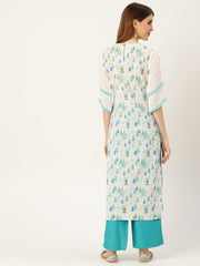 Women White Calf Length Three-Quarter Sleeves Straight Quirky Printed Cotton Kurta