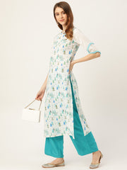 Women White Calf Length Three-Quarter Sleeves Straight Quirky Printed Cotton Kurta
