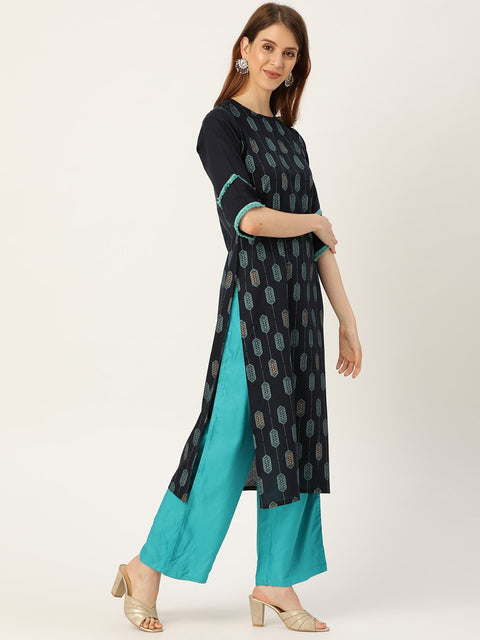 Women Navy Blue Calf Length Three-Quarter Sleeves Straight Ethnic Motifs Printed Cotton Kurta