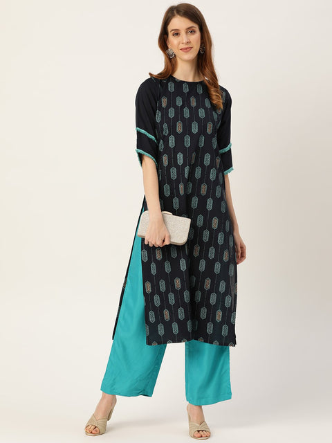 Women Navy Blue Calf Length Three-Quarter Sleeves Straight Ethnic Motifs Printed Cotton Kurta
