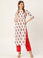 Women White Calf Length Three-Quarter Sleeves Straight Floral Printed Cotton Kurta