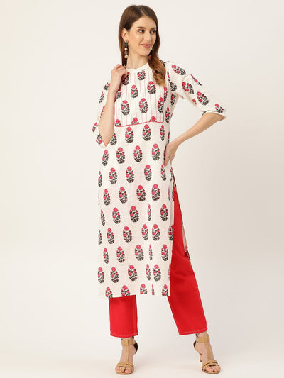 Women White Calf Length Three-Quarter Sleeves Straight Floral Printed Cotton Kurta