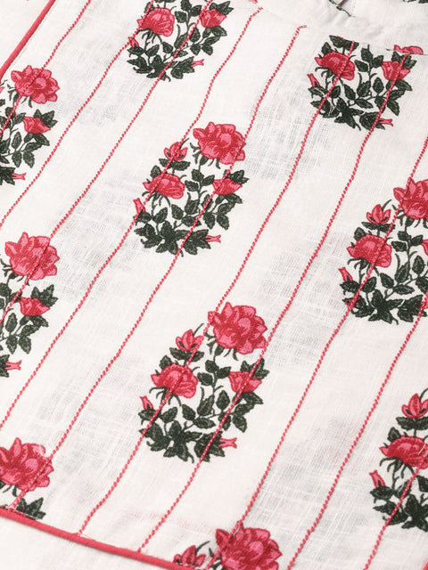 Women White Calf Length Three-Quarter Sleeves Straight Floral Printed Cotton Kurta