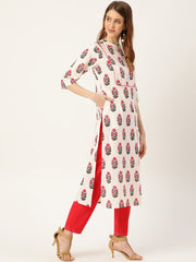 Women White Calf Length Three-Quarter Sleeves Straight Floral Printed Cotton Kurta