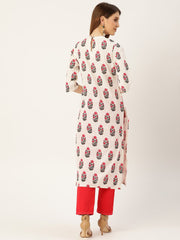 Women White Calf Length Three-Quarter Sleeves Straight Floral Printed Cotton Kurta