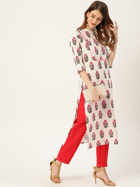 Women White Calf Length Three-Quarter Sleeves Straight Floral Printed Cotton Kurta